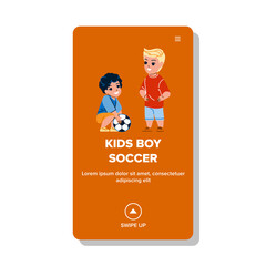 Kids Boy Soccer Playing On Stadium Field Vector. Kids Boy Soccer Play On Playground, Training Sport Together. Characters Sportive Activity, Football Game Web Flat Cartoon Illustration