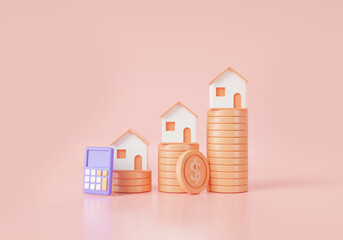 3D icon render illustration of Coins stack, calculator and home. Financial management. Business loans for real estate concept. residential finance economy. home property investment. minimal style