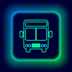 Glowing neon line Bus icon isolated on black background. Transportation concept. Bus tour transport sign. Tourism or public vehicle symbol. Colorful outline concept. Vector