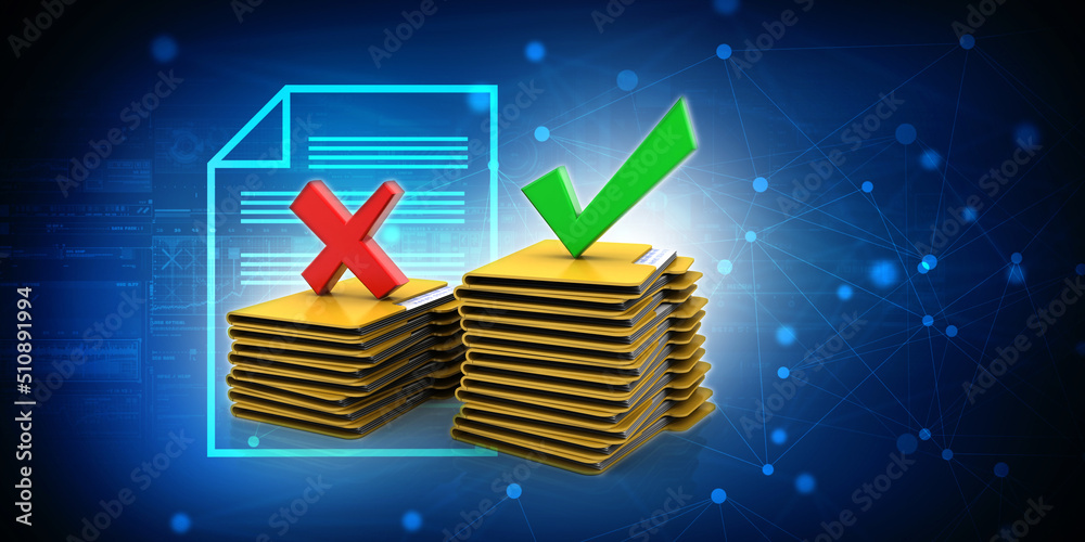 Poster 3d rendering file folder with wrong sign and green check mark