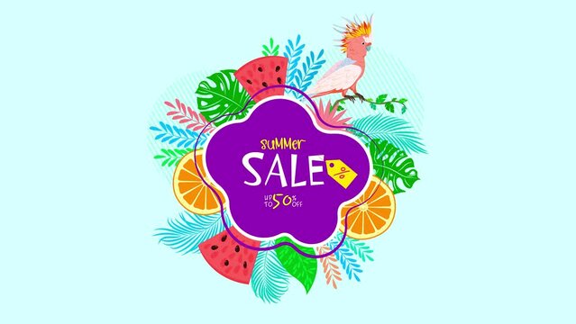 Summer discount, summer sale animation. Nature elements, tropical plants, parrot and oranges with watermelon. Sale up to 50%. Video