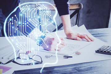 Man with multi exposure brain theme icons.