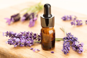 Fototapeta premium Lavender essential oil still life. Herbal remedies