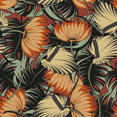 Bright tropical seamless pattern with flowers and palm leaves. Background for printing on paper and material.