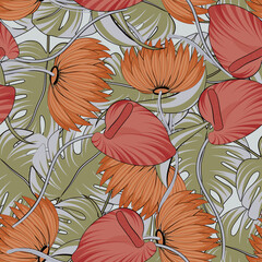 Bright tropical seamless pattern with flowers and palm leaves. Background for printing on paper and material.