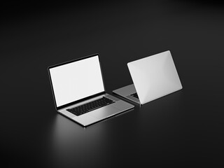 Laptop, tablet PC, and mockup with a blank screen in isometric perspective. Brand new laptop computer. Laptop blank screen digital device.  Blank screen laptop computer. 3d rendered illustration