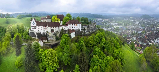 Foto auf Alu-Dibond Great medieval historic castles of Switzerland - Lenzburg in the Canton of Aargau, aerial panoramic view © Freesurf