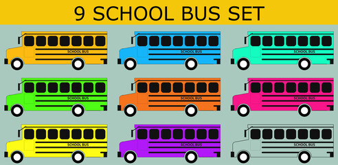 Flat school buses sides view on white background