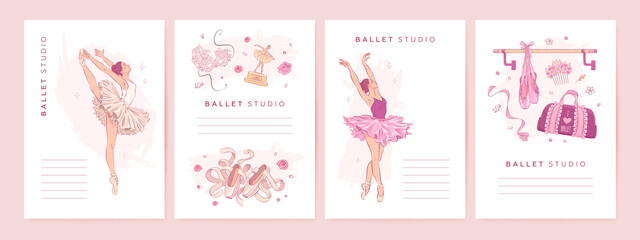 Hand drawn ballet studio poster collection. Vector illustration of beautiful young dancing woman and ballet elements © AM_art