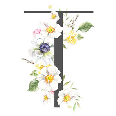 Watercolor Grey  Spring Floral Alphabet letter T with flowers. Easter botanical Floral letter element for baby shower invite, Monogram for wedding, logo, frame art, poster, new baby name printable