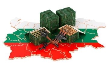 Bulgarian map with weapons. Military supplies in Bulgaria, concept. 3D rendering