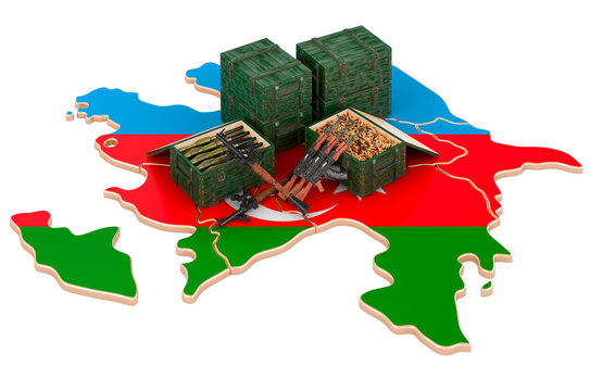 Azerbaijani Map With Weapons. Military Supplies In Azerbaijan, Concept. 3D Rendering