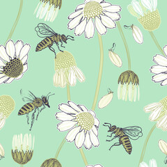 Cheerful pastel tones bees chamomile seamless pattern