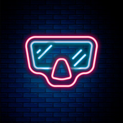 Glowing neon line Diving mask icon isolated on brick wall background. Extreme sport. Diving underwater equipment. Colorful outline concept. Vector