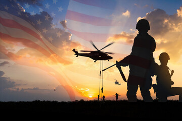 Double exposure Silhouette of Soldier on the United States flag in sunset for Veterans Day is an...
