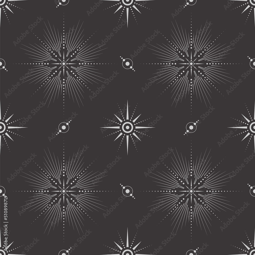 Canvas Prints vector seamless dark celestial pattern with different ornate shiny stars on a black. linear esoteric
