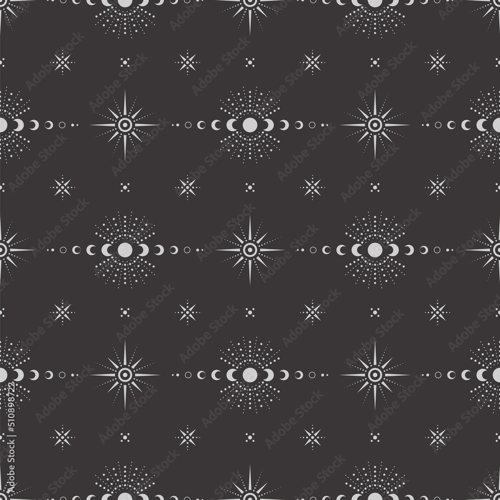 Canvas Prints vector seamless dark celestial pattern with different ornate shiny stars, moon phases and crescents 