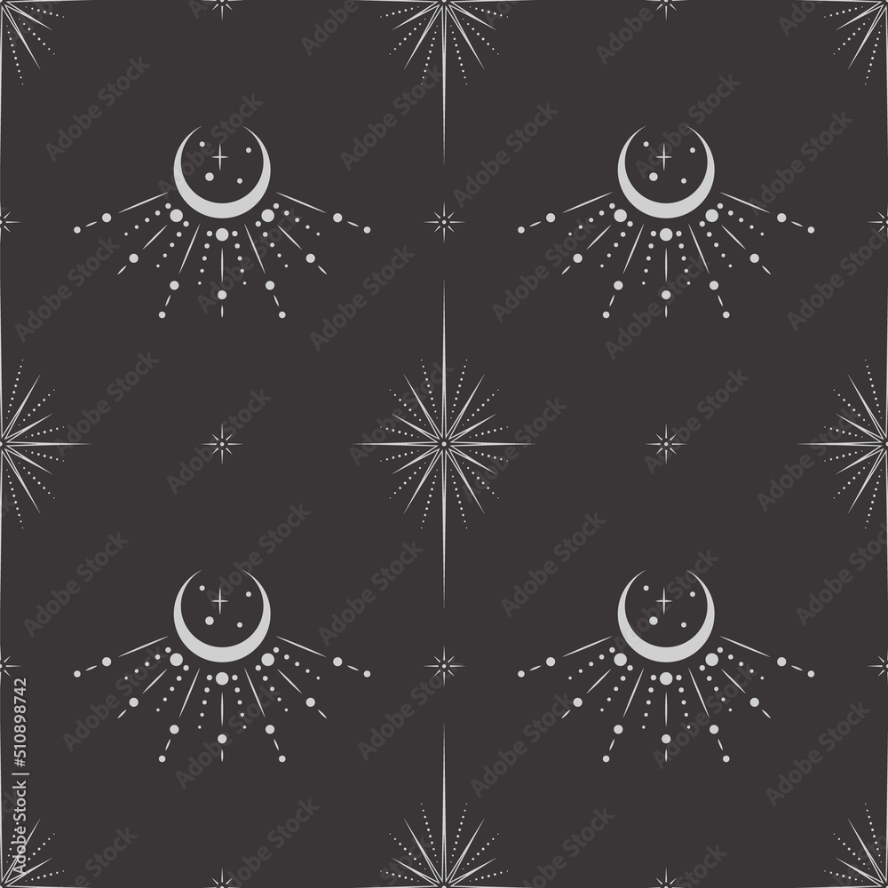 Canvas Prints vector seamless dark celestial pattern with ornate shiny stars and crescents with beams on a black. 