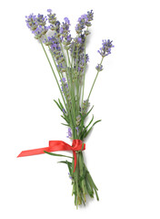 Fototapeta premium Bouquet of lavender tied with red ribbon isolated on white background