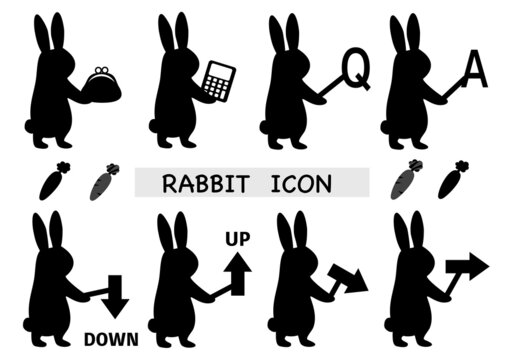 様々な記号や矢印のプレートを持った、ウサギのシルエットアイコンセット