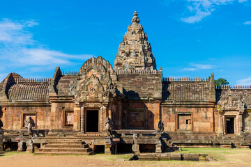 Fototapeta premium In front of sandstone castle, Phanom rung in Buriram province, Thailand. Religious buildings constructed by the ancient Khmer art, clear sky.