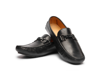 Classic male black leather shoes isolated on a white