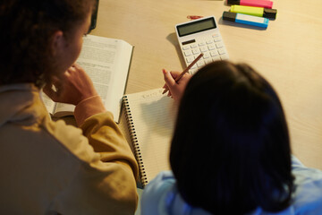 Schoolgirl asking sister to help with solving equations for math class
