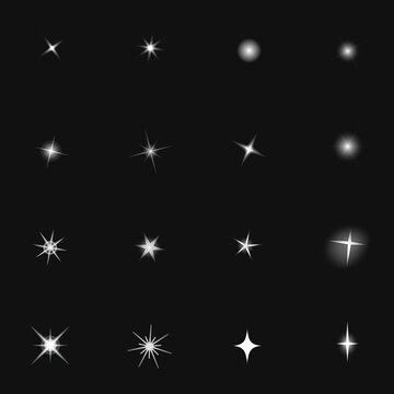 Set of 16 vector highlights or flares for design. Starlight, metal glitter, bokeh effect.