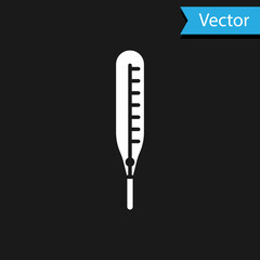 White Medical thermometer for medical examination icon isolated on black background. Vector Illustration
