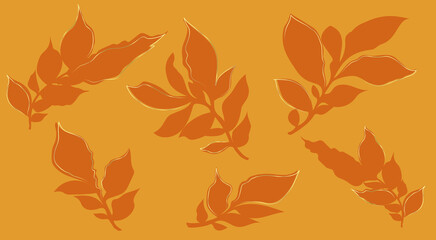 Naklejka na ściany i meble Original graphic wallpaper. Minimalist background in orange autumn tones, restrained but juicy. On a light background, darker twigs with leaves, selective decoration with golden lines.