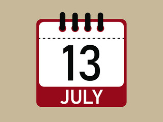 Calendar icon 13 july. Vector illustration of calendar.