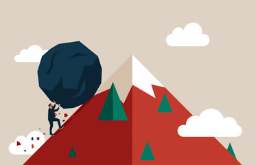 Entrepreneur pushing boulder uphill to mountain peak. Hard work like pushing boulder uphill, burden or obstacle, business difficulty, struggle, challenge to success, motivation or persistence.