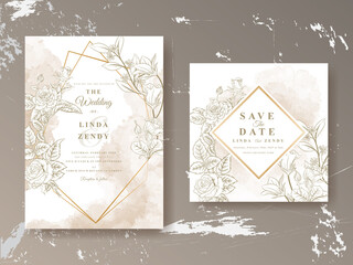 Elegant floral line art wedding invitation card template