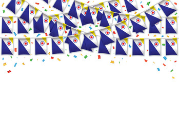 Fototapeta premium Bonaire flag garland white background with confetti, Hang bunting for Bonaire Independence Day celebration template banner, Vector illustration