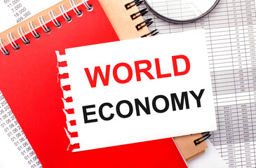 On a light background - reports, a magnifying glass, brown and red notepads, and a white notepad with the text WORLD ECONOMY. Business concept