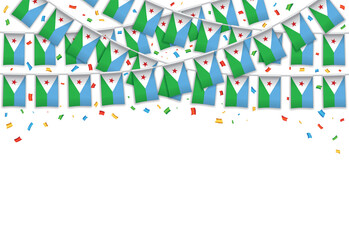 Djibouti flag garland white background with confetti, Hang bunting for Djibouti Independence Day celebration template banner, Vector illustration
