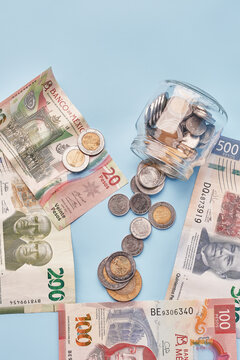 Mexican coins and banknotes. Mexican peso, Latin American currency. money, saved, finances,