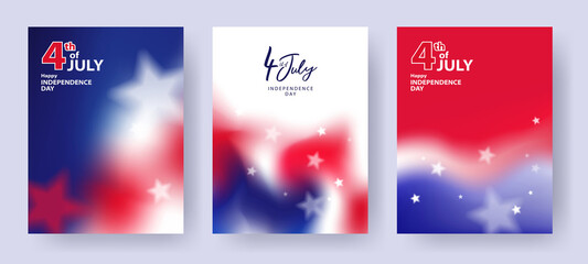 Obraz na płótnie Canvas Fourth of July. 4th of July holiday set. Minimalist posters design template with fluid gradient in colors of american flag and stars. USA Independence Day backgrounds for greetings, sale, ads, promo