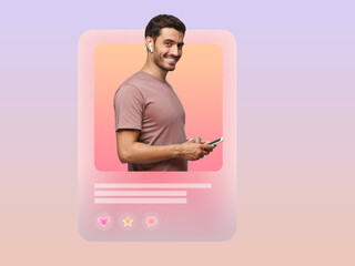 Handsome male blogger fitness coach sharing post on social media feed using phone