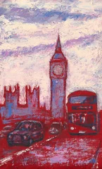 Foto op Plexiglas Big Ben, Red Bus, and cars on the street in London, England art painting © denys_kuvaiev