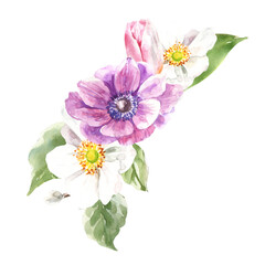 Watercolor spring floral bouquet illustration, Easter flowers arrangement, tulip,anemone,rose wreath, frame, for wedding stationery, nursery decor, greenery botanical save the date, baby shower diy