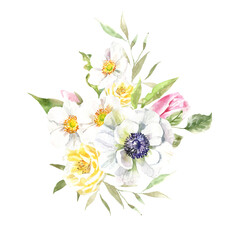 Watercolor spring floral bouquet illustration, Easter flowers arrangement, tulip,anemone,rose wreath, frame, for wedding stationery, nursery decor, greenery botanical save the date, baby shower diy