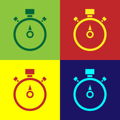 Pop art Stopwatch icon isolated on color background. Time timer sign. Chronometer sign. Vector