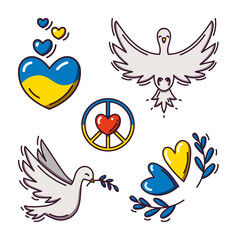 Set of pacific symbols and hearts and doves in the colors of the Ukrainian flag isolated on white background