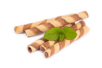Chocolate wafer stick roll isolated on white background (Turkish name; rulokat or rulo tatli cubuk)