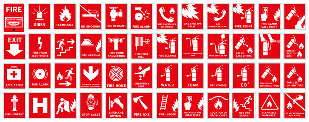 Signs of the necessary actions during a fire.