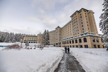 Lake Louise, Alberta, Canada - Winter season in the beautiful tourism, famous tourist scenery spot with the Fairmont Chateau in view.