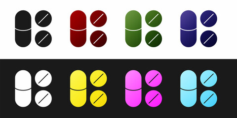 Fototapeta na wymiar Set Toothache painkiller tablet icon isolated on black and white background. Tooth care medicine. Capsule pill and drug. Pharmacy design. Vector