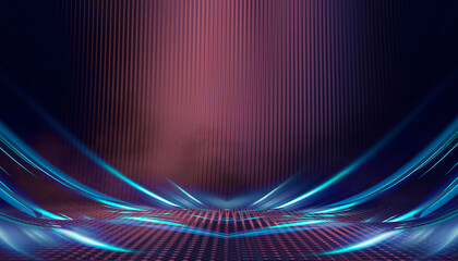 Dark abstract modern neon background. Empty night neon scene with rays of light, smoke, smog, disco background, spotlights. Reflections of rays on a wet surface. 3D illustration.