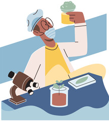 Scientist examining plant species using laboratory microscope. Eco friendly technology research on environmental protection. Ecologist studying botany in ecological biological lab takes care of nature